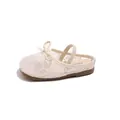 Elegant white lace mesh girls' mule shoe with a bow, sequin details and elastic strap - Size 24 Inner Length 14.5cm / Beige