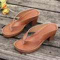 Stylish brown block heel platform thong sandals with detailed stitching on wooden planks - Tan