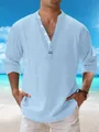 Men's casual light blue cotton linen beach shirt with stand-up collar and long sleeves - Sky Blue