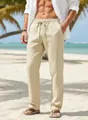 Men's breathable beige linen trousers with drawstring elastic waist for beach wear - Apricot