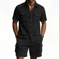 Herren Cordhemd Kurzarm und Cargo-Shorts Set Schwarz lässiges Outdoor Sommeroutfit - S / Oberteil Und Unterteil / Schwarz