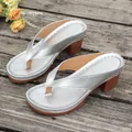 Elegant silver thong sandals featuring a chunky high heel and wood grain finish detail - 36 / Silver