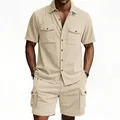 Herren Sommer Cord-Arbeitskleidung-Set mit Kurzarmhemd und Cargo-Shorts in Beige - S / Oberteil Und Unterteil / Khaki