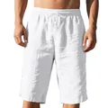 Detail view of men's white linen casual shorts with drawstring and elastic waistband - S / Bottoms / White