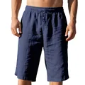 Close-up view of navy blue linen casual shorts featuring a drawstring elastic waistband for men - Navy Blue
