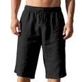 Detail of black linen drawstring shorts for men with elastic waist - S / Bottoms / Black