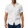 Close-up of white linen short sleeve shirt featuring front pocket and lapel collar - S / Tops / White