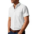 Men's premium white linen short sleeve shirt with casual lapel and chest pocket - White