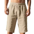 Detail of beige linen drawstring shorts with elastic waist for men's casual beach wear. - S / Bottoms / Khaki