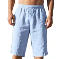 Front view detail of men's light blue linen beach shorts with drawstring elastic waist - S / Bottoms / Light Blue