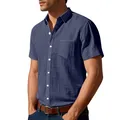 Detailed view of a navy blue linen short-sleeved shirt with a pocket on a male model - Navy Blue
