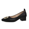 Elegantes zapatos de salón negros de punta cuadrada con hebilla dorada y tacón de bloque - Negro