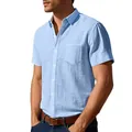 Close-up of men's light blue linen short sleeve shirt with button-down collar and pocket - Light Blue