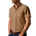 Casual brown short-sleeve linen shirt for men with turn-down collar and chest pocket - Earthy Yellow