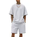 Detail view of light gray men's oversized t-shirt and matching shorts in streetwear style - S / Top And Bottom / White