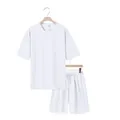 Front view detail of white men's loose heavy terry sports t-shirt and shorts set - S / Top And Bottom / White