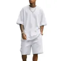 Conjunto de camiseta y pantalones cortos blancos de rizo pesado para hombre verano - Blanco