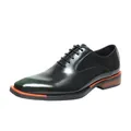 Elegant dark green shiny leather Oxford shoes with square toe and orange sole accents. - 38 / Dark Green