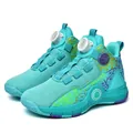 Detailed view of cyan children's basketball shoes with dial lacing and geometric patterns - 30 / Ice Blue