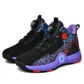 Close-up detail of kids basketball shoes featuring swivel knob lacing and colorful web patterns - 30 / Black Purple