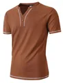 Detail of brown men's Henley shirt with white contrast stitching and V-neck placket - Coffee