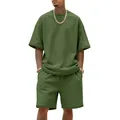 Conjunto de ropa urbana para hombre en color verde oliva de rizo pesado de algodón - S / Top Y Pantalón / Verde Militar