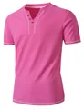 Close-up view of a pink Henley t-shirt for men with a small V-neck and button placket - Rose Red
