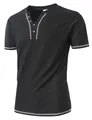 Men's black Henley T-shirt with V-neck button placket and contrast stitching. - Black