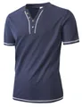 Close-up of navy blue men's Henley shirt with V-neck and contrast white stitching - Navy Blue