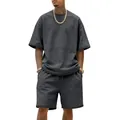 Detailed view of dark grey heavyweight terry cotton high street hip-hop men's summer set - S / Top And Bottom / Dark Gray