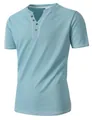 Detail view of light blue men's waffle knit Henley shirt with V-neck buttons. - Light Blue