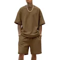 Men's heavyweight brown terry cotton streetwear set including loose T-shirt and shorts - S / Top And Bottom / Brown