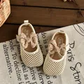 Sandales d'été en maille crème pour bébé fille avec un joli nœud à pois confortable - Blanc Cassé