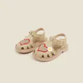 Beige closed-toe baby girl summer sandals featuring cute red heart and daisy motifs - Inner Length 11.0cm / Apricot (22MBX3130)