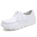 Women's white lace-up nursing shoes with soft platform sole for all-day comfort - White