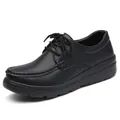 Women's black lace-up nurse shoes with breathable soft sole and mid-heel platform. - Black
