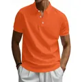 Detailed view of the bright orange quick-dry Polo shirt with white button placket. - Orange