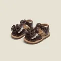 Elegant dark brown baby girl sandals featuring a charming bow decoration and safe closed-toe design - Inner Length 12cm / Brown (57MBX8077)