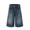 Pantaloncini di jeans dritti e larghi da uomo con finitura lavata e design a gamba larga - Blu scuro