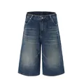 Men's loose straight-leg denim shorts with a vintage washed finish in deep blue - S / Bottoms / Dark Blue