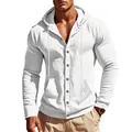 Close-up of white linen hooded shirt with front button closure and pocket detail - S / Tops / White