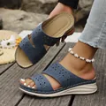 Stylish women's navy blue wedge sandals featuring perforated design and comfort thick soles - Blue