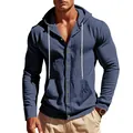 Macro detail view of men's loose blue linen hooded shirt with front buttons and pocket - S / Tops / Navy Blue