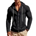 Close-up of men's black linen hooded button-up shirt with drawstring and front pocket - S / Tops / Black