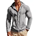 Detail view of a men's loose grey linen hooded long sleeve shirt with buttons. - S / Tops / Gray