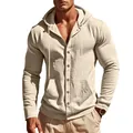 Camicia casual da uomo in lino con cappuccio, maniche lunghe, bottoni e tasca - Khaki chiaro