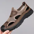 Men's brown leather beach sandals with breathable mesh and closed-toe design - 38 / Brown (5007)