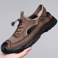 Men's brown leather mesh sandals with closed-toe breathable design for summer - 38 / Brown (5070)