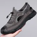 Casual men's breathable leather sandals with mesh upper and non-slip rubber sole - 38 / Gray (5070)