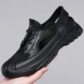 Men's casual black leather mesh sandals with breathable hollow design and closed toe cap - 38 / Black (5070)
